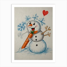 Snowman With Carrot Art Print