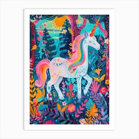Floral Fauvism Style Unicorn In The Woodland 2 Art Print