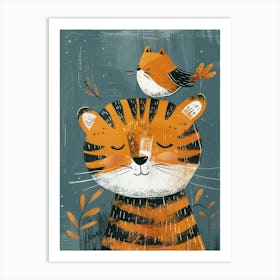 Small Joyful Tiger With A Bird On Its Head 11 Art Print