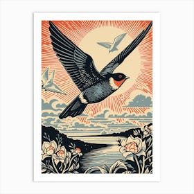 Vintage Bird Linocut Swallow 1 Art Print