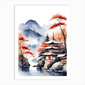 Watercolor Japanese Landscape Painting (14) Art Print