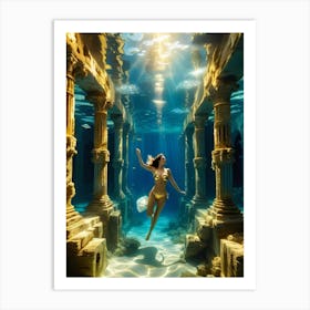 Woman swimming in gold underwater ruin 5 Art Print