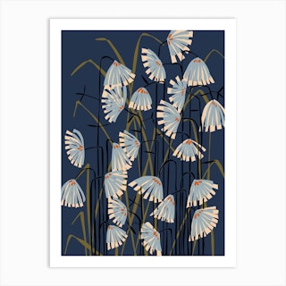 Linocut Flower Meadow Mustard Blue Art Print