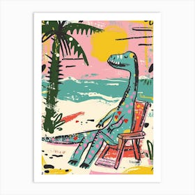 Dinosaur Relaxing On The Beach Pink Blue Pastel Art Print