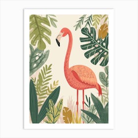 Andean Flamingo And Philodendrons Minimalist Illustration 3 Art Print