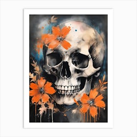 Abstract Skull Orange Flowers Painting (23) Art Print