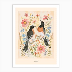 Folksy Floral Animal Drawing Magpie Poster Art Print