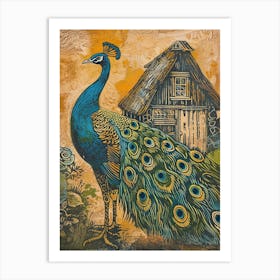 Blue Mustard Peacock By A Cottage Linocut Inspired 3 Art Print