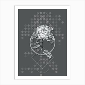 Vintage Mr. Reeves's Crimson Camellia Botanical with Line Motif and Dot Pattern in Ghost Gray n.0382 Art Print