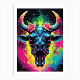 Floral Bull Skull Neon Iridescent Painting (10) Art Print