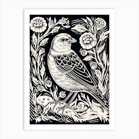 B&W Bird Linocut Yellowhammer 3 Art Print