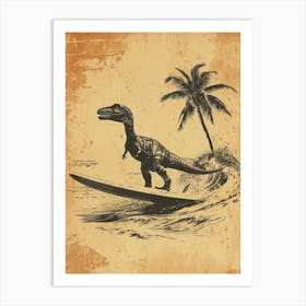Vintage Compsognathus Dinosaur On A Surf Board 3 Art Print