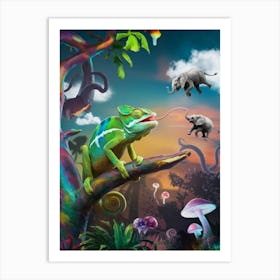 A Surreal Scenery Of A Chameleon and flying Little Elephants Art Print