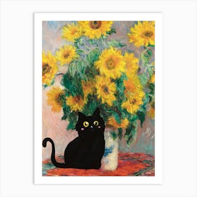 Black Cat With Sunflowers Art Print