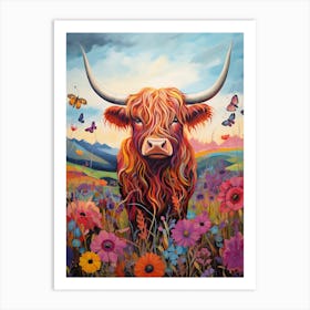 Digital Portrait Of Highland Cow & Butterflies 1 Art Print