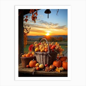 An Inviting Rustic Farm With Vegetables Like Corn Pumpkins Squash Elegantly Arranged In A Wooden B (3) Art Print