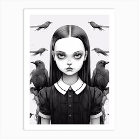 Portrait Of Wednesday Addams World Line Art With Ravens Fan Art Art Print