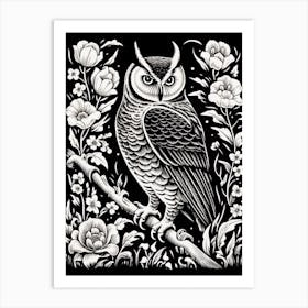 B&W Bird Linocut Great Horned Owl 1 Art Print