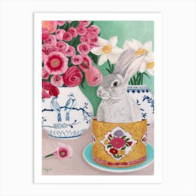 Rabbit With Roses And Daffodils In Chinoiserie Vase Art Print