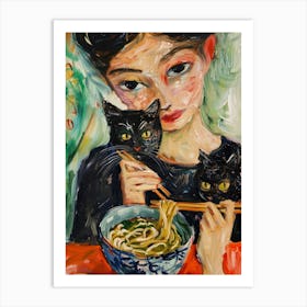 Portrait Of A Woman With Cats Eating Ramen 2 Art Print