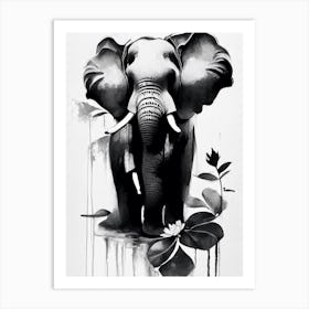 Elephant And Lotus 1 Symbol Black And White Painting Art Print