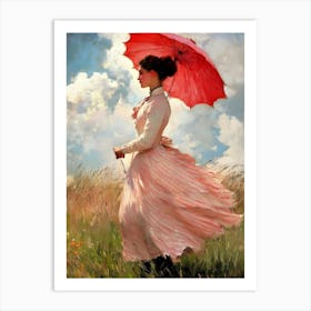 Lady With Red Umbrella Art Print