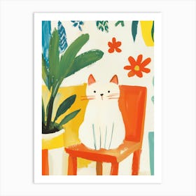 White Cat on a Chair Gouache Painting Art Print