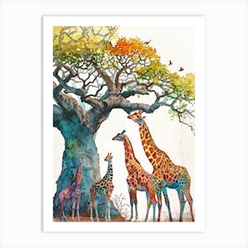 Giraffe Herd Under The Tree Watercolour 2 Art Print