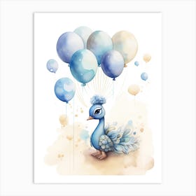 Baby Peacock Flying With Ballons, Watercolour Nursery Art 3 Art Print