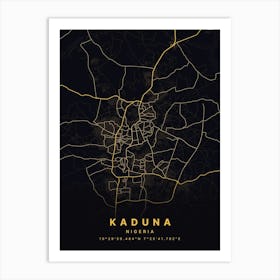 Kaduna Nigeria Black And Gold Map Art Print