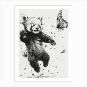 Red Panda Cub Chasing After A Butterfly Ink Illustration 1 Art Print