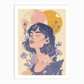 Girl With Flowers and moon Art Print