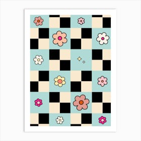 Checkered Flower Mint Check Art Print