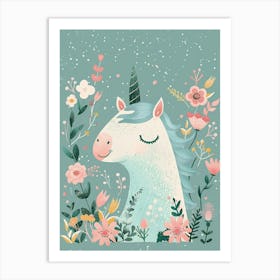 Storybook Style Unicorn & Flowers Pastel 1 Art Print