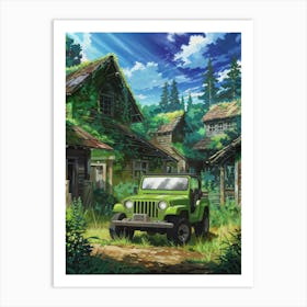 Anime Canvas Art: Overgrown Abandoned Village with Rustic Wooden Houses and Green Jeep, Vibrant Foliage and Blue Sky, Perfect for Lofi Aesthetic and Adventure Enthusiasts. 1 Art Print