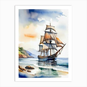 Sailing ship on the sea, watercolor painting 4 Art Print