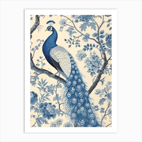 Cream & Blue Peacock On A Branch Wallpaper Art Print