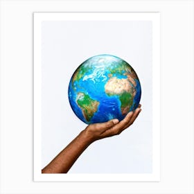 A Human Hand Cradling A Delicate Transparent Globe With Vibrant Countries And Teeming Blue Oceans S (3) Art Print