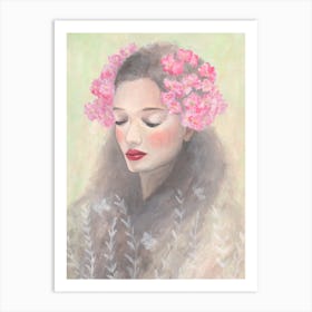 Woman With Pink Flowers Hair Art Print