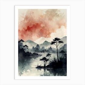 Asian Landscape Watercolor Painting Art Print