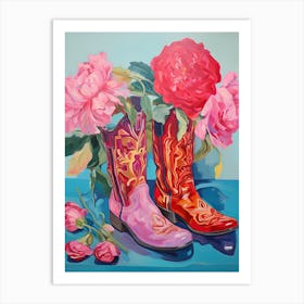 Oil Painting Of Hydrangea Flowers And Cowboy Boots, Oil Style 4 Art Print