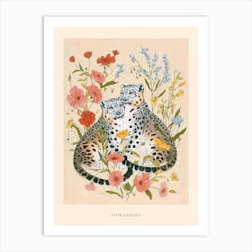 Folksy Floral Animal Drawing Snow Leopard Poster Art Print