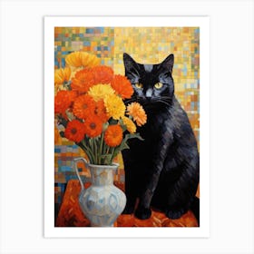 Black Cat With Flowers 2 Art Print