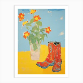 Painting Of Orange Flowers And Cowboy Boots, Oil Style 4 Art Print