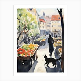 Food Market With Cats In Oslo 3 Watercolour Art Print