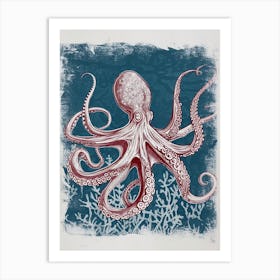 Detailed Octopus On The Ocean Floor Linocut Inspired 4 Art Print