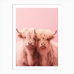 Two Highland Cows Pink Portrait 1 Art Print