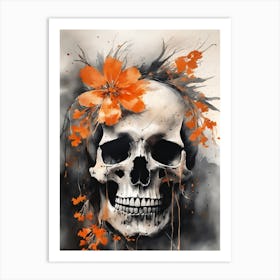 Abstract Skull Orange Flowers Painting (6) Art Print