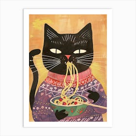 Black Cat Eating Pasta Folk Illustration 1 Art Print