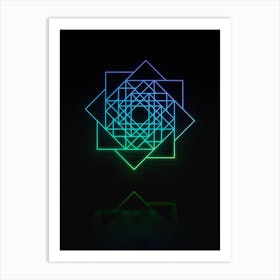 Neon Blue and Green Abstract Geometric Glyph on Black n.0162 Art Print